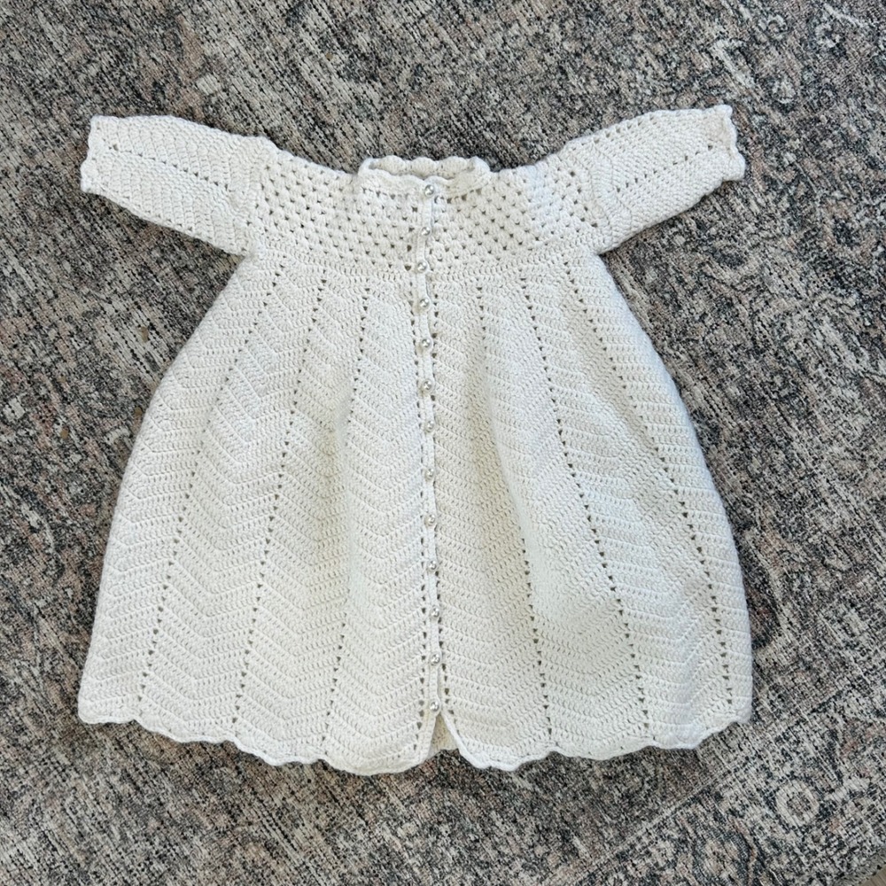 Handmade Crochet Baby Dress Ivory White Pearl Button Chevron Christening Gown